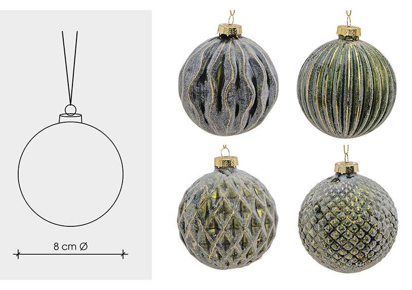 Glaskula för julgran, 4-pack, Grön/Guld Ø8cm
