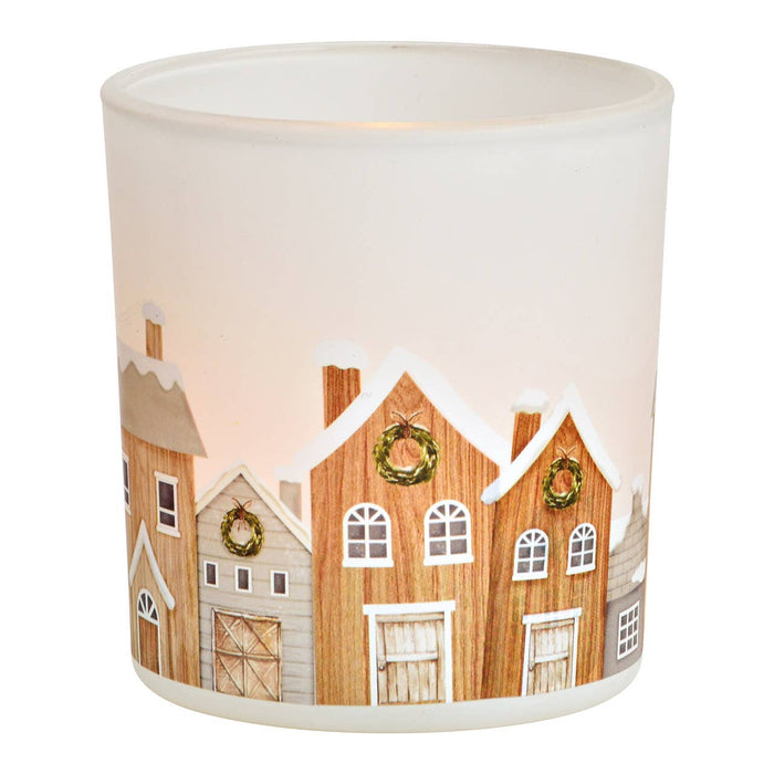 Värmeljushållare Stad på vintern av glas vit (B/H/D) 7x8x7cm