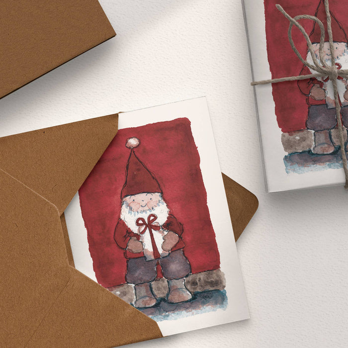 Elva med en present akvarell Säsongens hälsningskort