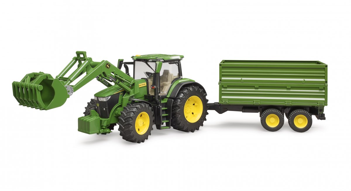 Bruder John Deere 7R 350 traktori etukuormaajalla ja perävaunulla