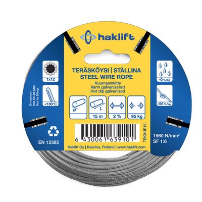 Teräsköysi kuitusydämellä 2 mm Murtolujuus 0,240 t  Sinkitty 15,0 m nippu