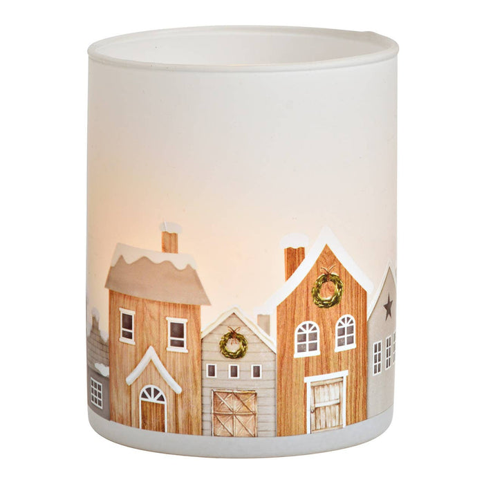 Värmeljushållare Stad på vintern i glas vit (B/H/D) 8x10x8cm