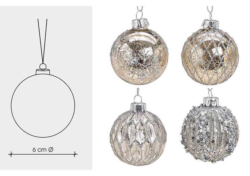 Julgranskula Glitter i glas, 4-pack, Silver Ø6cm
